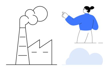 Çevresel farkındalık, kirlilik, iklim değişikliği, emisyon kontrolü, endüstriyel etki, insan sorumluluğu. Duman yayan fabrika, kirliliği işaret eden kişi. Çevresel farkındalık