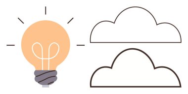 Yaratıcılık, yenilik, bulut depolama, fikirler, modern teknoloji, enerji. İki çizgili bulut şeklinin yanında parlayan bir ampul. Görsel olarak gösterilen yaratıcılık ve yenilik kavramları