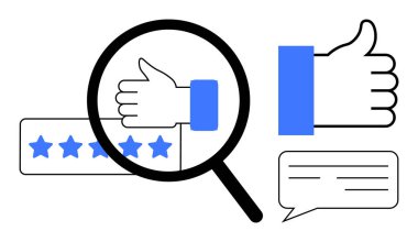 Müşteri geribildirim kavramı. Müşteri geribildirim illüstrasyonu başparmaklar yukarı simge, yıldız derecesi ve konuşma balonu gösteriyor. Müşteri memnuniyeti ve sezgileri değerlendirmek için geri bildirim. İş için ideal