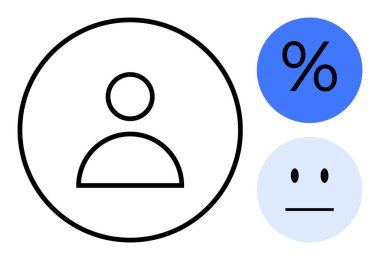 Kimlik doğrulama, kullanıcı analizleri, geri besleme sistemleri, dijital profiller, veri analizi, kullanıcı memnuniyeti. Bir kişinin simgesi, yüzde işareti ve tarafsız bir yüz. Kimlik doğrulaması ve kullanıcı
