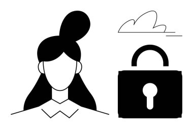 Veri gizliliği, çevrimiçi koruma, siber güvenlik, güvenli kimlik, dijital güvenlik, anonimlik. Bir asma kilidin yanındaki siluet. Veri gizliliği ve çevrimiçi koruma