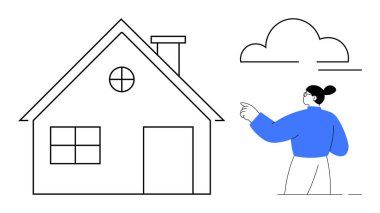 Ev sahipliği, mimarlık, gayrimenkul, yaşam tarzı, aile evleri, inşaat. Yuvarlak pencereli siyah beyaz bir ev, işaret eden bir kişi ve bir bulut çizgisi. Ev sahipliği ve mimari