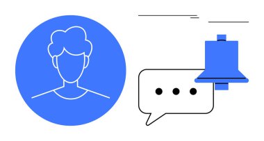 User avatar in blue circle beside a notification bell and chat speech bubble with three dots. Ideal for alerts, messaging, communication, user profiles, UX design, notifications, and engagement