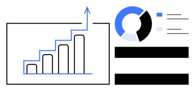 Yukarı eğimli ok ve pasta grafiği segmentli verileri gösteren çubuk çizelgesi. Analiz, iş stratejisi, veri görselleştirme, büyüme, sunumlar, raporlar ve gösterge panelleri için ideal. Basit düz