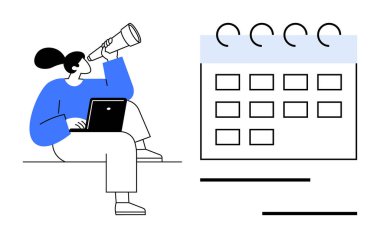 Geniş takvim yakınlarındaki teleskoptan bakarken dizüstü bilgisayarı tutan kişi. Planlama, planlama, vizyon, hedef belirleme, zaman yönetimi, organizasyon, verimlilik için ideal. Modern daire