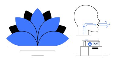 Sağlık konsepti. Sakinlik için nilüfer çiçeği, farkındalık için nefes alma profili ve organizasyonel verimlilik için özgeçmiş içeren sağlık sembolleri. Sağlık, farkındalık ve organizasyon için ideal