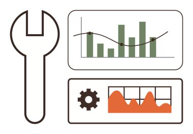 İş araçları, veri görselleştirme, analitik, performans ölçümleri, bakım, işlem optimizasyonu. Çubuk grafikli İngiliz anahtarı ve çizgi grafikli dişli. Veri görselleştirme ve analiz kavramı