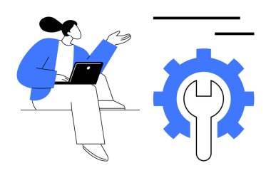 Teknik destek, internet araçları, sorun giderme, problem çözme, dijital çalışma, yenilik. Dizüstü bilgisayarı, teçhizatı ve İngiliz anahtarı olan bir kadın. Teknik destek ve çevrimiçi araçlar kavramı