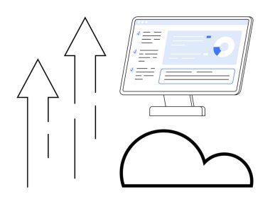 Bulut hesaplama, veri analizi, dijital büyüme, çevrimiçi hizmetler, teknoloji yenilikleri, iş ilerlemeleri. Veri analizini gösteren bir monitör ve yukarı doğru giden okları olan bir bulut. Bulut hesaplama ve veri