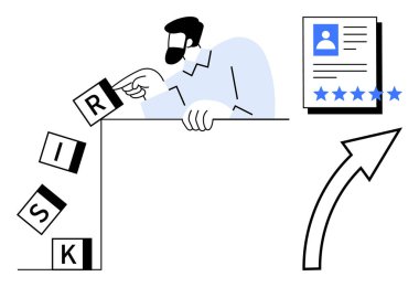 Riskleri analiz eden ve engelleyen adam yüksek harflerle yazım riski, yıldız reytingli profesyonel profil ve başarı için yükselen ok. Risk yönetimi, karar verme, iş için ideal