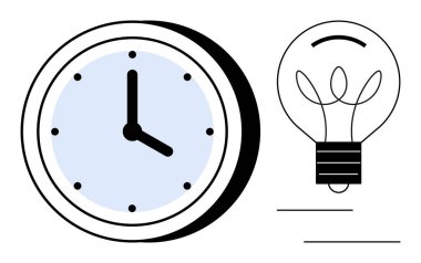 Zaman yönetimi, üretkenlik, yaratıcılık, yenilik, tasarım düşünme, problem çözme. Beyaz arka planda minimalist tasarımı olan bir saat ve bir ampul. Zaman yönetimi ve yaratıcılık kavramı