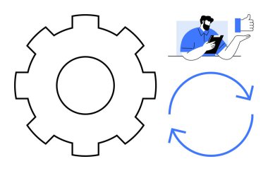Teknoloji, iş akışı optimizasyonu, otomasyon, dijital araçlar, modern iletişim, iş süreçleri. Bir vites, dairesel oklar ve tabletli bir insan. Çalışma akışı optimizasyonu ve otomasyonu