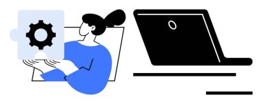 Yenilik, problem çözme, teknoloji yönetimi, yazılım geliştirme, işbirliği, veri analizi. Yanında bir dizüstü bilgisayar ve vites sembolü olan bir parça tutan biri. Yenilik ve problem çözme