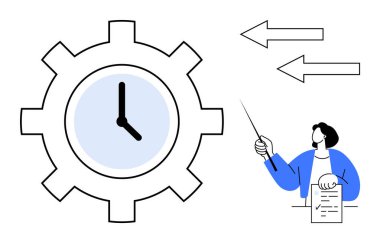 Vites biçimli saat verimliliği, insan raporunu ve işaretçiyi, yönü gösteren okları simgeliyor. Planlama, verimlilik, takım çalışması, öğretim, organizasyon, iş stratejisi süreci için ideal