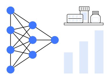 Sinirsel ağ konsepti. Sinirsel ağ illüstrasyonu ilaç ve veri analizi görselleştirmesiyle eşleştirildi. Sağlık hizmetleri, yapay zeka, makine öğrenimi ve biyotıp alanlarındaki sinirsel ağ uygulamaları. Bilim