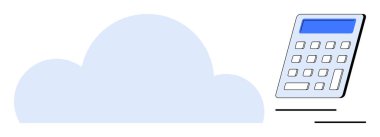 Bulut hesaplama, dijital finans, teknoloji, veri depolama, iş yönetimi, çevrimiçi erişim. Dijital hesap makinesinin yanında mavi bir bulut. Bulut hesaplama ve dijital finans kavramı