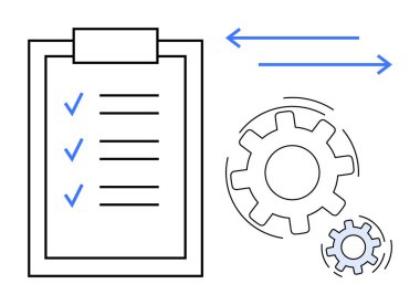 Çalışma akışı optimizasyonu, verimlilik, görev yönetimi, kalite kontrol, iş stratejisi, proje planlaması. Bir kontrol listesi, dişliler ve oklar. Çalışma akışı optimizasyonu ve verimliliği