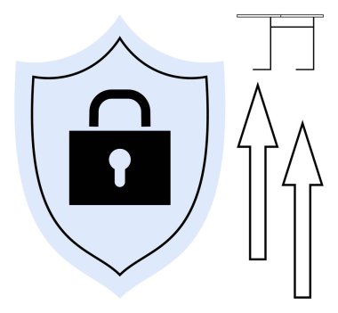Siber güvenlik, veri koruması, bilgi güvenliği, çevrimiçi güvenlik, erişim kontrolü, kimlik doğrulama sistemleri. Kilit sembollü kalkanlar, oklar ve soyut elementler. Siber güvenlik ve veri koruması