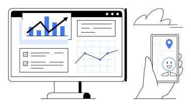 İş stratejisi, teknoloji entegrasyonu, veri analizi, mobil bağlantı, istatistik, iletişim araçları. Ekranda grafikler ve akıllı telefon. İş stratejisi ve teknoloji entegrasyonu