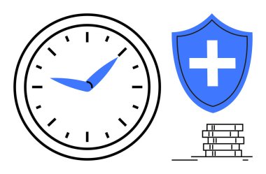 Zaman yönetimi, sağlık koruma, finansal planlama, risk yönetimi, yatırım güvenliği, sağlık sigortası. Bir saat, haçlı ve bozuk paralarla dolu mavi bir kalkan. Zaman yönetimi ve sağlık hizmetleri