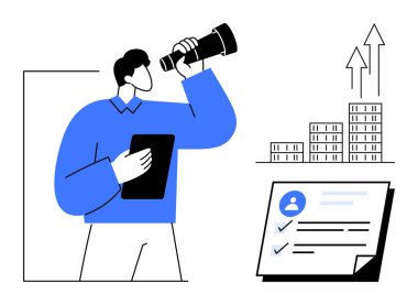 Teleskop ve tablet tutan adam fırsatlar arıyor. Yükselen oklar, binalar, kontrol listesi başarıyı, stratejiyi ve kariyer büyümesini simgeliyor. İş ve planlama vizyonu için ideal