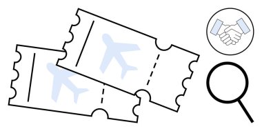 Büyüteç ve el sıkışma ikonlu uçak biletleri. Seyahat, rezervasyon, ortaklık, keşif, turizm, ticaret, işbirliği kavramları için ideal. Minimalist düz metafor