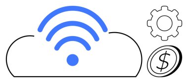 Bulut hesaplama, dijital finans, kablosuz teknoloji, veri hizmetleri, yazılım araçları, çevrimiçi bağlantı. Kablosuz sinyali olan bulut, ayarlar takımı ve dolar madeni para ikonu. Bulut hesaplama ve dijital