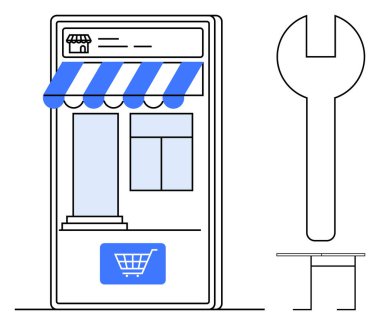 E-commerce management, digital storefronts, retail development, online shopping, business tools, website optimization. Illustration of a mobile storefront and a wrench. E-commerce and digital tools
