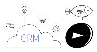 İş araçları, veri yönetimi, çevrimiçi pazarlama, bulut çözümleri, müşteri ilişkileri, dijital hizmetler. Alışveriş, vites ve iletişim simgeleriyle dolu CRM bulutu. İş araçları ve veriler