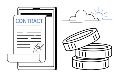 İş anlaşmaları, çevrimiçi işlemler, e-ticaret, teknoloji, finans sistemleri, dijital imzalar. Tablette imzalı bir sözleşme, bozuk paralar ve güneşli bir bulut var. İş anlaşmaları