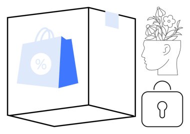 Küp çerçevesinde indirim tabelası olan bir alışveriş torbası. Yaratıcılık için çiçek dolu bir kafayla güvenlik kilidi. Ticaret için ideal, yenilik, farkındalık, mahremiyet, büyüme, ilham basit