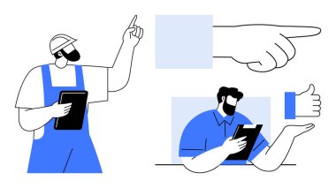 Takım çalışması, inşaat, karar verme, planlama, yönetim, iletişim. Tulum giymiş bir işçi elinde bir pano, el işaretli bir jest. İşlem yönetiminde planlama ve takım çalışması