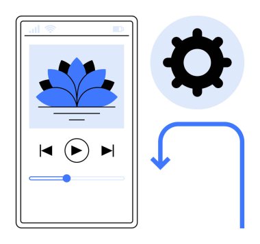 Müzik uygulaması tasarımı. Mobil arayüz bir müzik çalar ekran ve ayarlar dişli simgesi. Müzik uygulaması işlevselliği, kullanıcı deneyimi tasarımı ve ses özelleştirmesi. Uygulamalar, UX tasarımı, ortam, teknoloji için