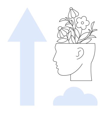 Çiçeklerle dolu bir kafa profili, yukarı doğru büyük bir ok ve yumuşak bulut. Kişisel gelişim, öğrenme, yaratıcılık, akıl sağlığı, başarı yenilikçiliği farkındalık için idealdir. Basit düz