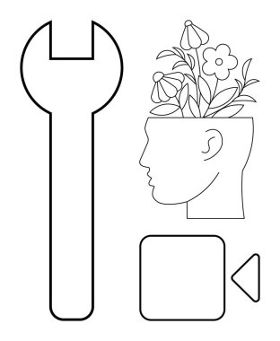 Çiçekler, ingiliz anahtarı ve video ikonuyla dolu bir insan kafası. Eğitim, yaratıcılık, akıl sağlığı, büyüme, kendi kendine bakım yenilikleri için idealdir. Basit düz metafor