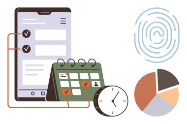Zaman yönetimi, dijital güvenlik, iş planlaması, veri analizi, üretkenlik araçları, biyometrik doğrulama. Takvim, kontrol listeli akıllı telefon saat parmak izi ve pasta grafiği. Süre