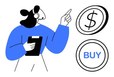 E-ticaret, müşteri hizmetleri, çevrimiçi alımlar, iş iletişimi, finansal işlemler, dijital satışlar. Kulaklıklı bir kadın elinde bir dolar gösteren bir pano tutuyor ve ikonlar alıyor. E-ticaret