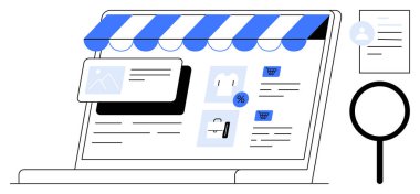 E-ticaret, online alışveriş, dijital pazarlama, web sitesi geliştirme, kullanıcı arayüzü, ürün arama. Bir online mağaza ve büyüteç simgesi gösteren bir dizüstü bilgisayar. E-ticaret ve online alışveriş