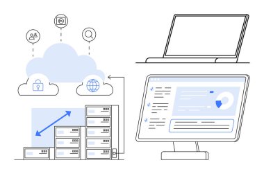 Bulut depolama, dijital güvenlik, teknoloji çözümleri, veri yönetimi, uzaktan çalışma, bilişim hizmetleri. Bulut, sunucu ve bilgisayar gösteren minimalist tasarım. Bulut depolama ve dijital güvenlik kavramı
