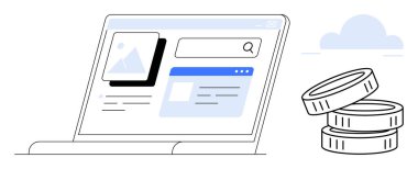 Çevrimiçi iş, e-ticaret, finans, arama motoru, pazarlama stratejisi, teknoloji. Arama sonuçları ve bir yığın bozuk para içeren minimal dizüstü bilgisayar görüntüsü. E-ticaret ve finans kavramı