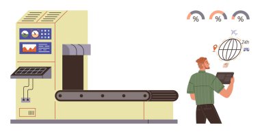 Endüstriyel süreçler, lojistik operasyonlar, teknik izleme, küresel nakliye, veri analizi, verimlilik. Taşıyıcı bandın yanında tabletli bir adam var. Sanayi süreçleri ve lojistik işlemler temasıName
