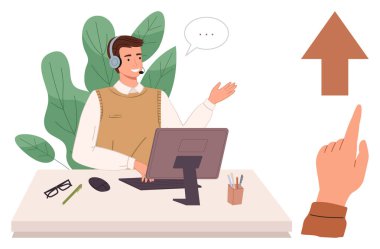 Müşteri hizmetleri, internet iletişimi, destek, sanal yardım, iş danışmanlığı, rehberlik. Kulaklıklı, bilgisayar başında ve işaret eden bir adam. Müşteri hizmetleri ve internet iletişimi