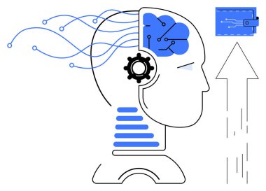 Yapay zeka, veri güvenliği, engelleme teknolojisi, dijital cüzdanlar, otomasyon, sinirsel ağlar. Sinir bağlantıları ve dijital cüzdanı olan bir insan kafası. Yapay zeka
