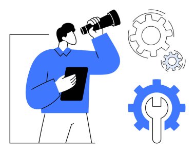 Vizyon, liderlik, strateji, yenilik, problem çözme, takım çalışması. Bir adam teleskop ve vites sembollerinin yanında bir tablet tutuyor. Stratejik araçlarla vurgulanan vizyon ve liderlik kavramı