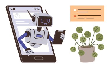 Yapay zeka, mobil teknoloji, gelecekteki yenilikler, insan-bilgisayar etkileşimi, dijital asistanlar, çevre dostu teknoloji. Tabletli robot santralin yanındaki akıllı telefondan çıkıyor. Yapay