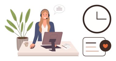 Müşteri desteği, iletişim, zaman yönetimi, uzaktan çalışma, çevrimiçi yardım, iş aletleri. Bilgisayarda kulaklıklı bir kadın, konuşma baloncuğu kalp ikonu. Müşteri desteği ve iletişim