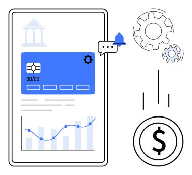 Fintech, dijital cüzdanlar, online bankacılık, finansal yönetim, işlem analizleri, veri güvenliği. Kart, grafik ayarları ve dolar simgesiyle mobil arayüz. Dijital cüzdanlar ve finansal