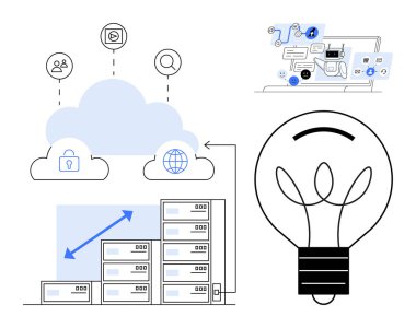 Cloud technology, data security, innovation, scalability, server management, digital transformation. Visual features include servers, cloud icons and a lightbulb. Cloud technology and data security