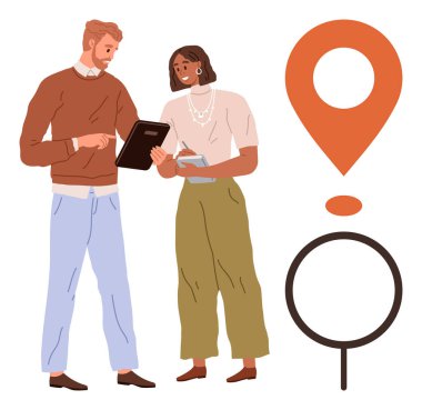 Takım çalışması, iş görüşmesi, navigasyon, yer belirleme, takım çalışması, beyin fırtınası. Bir belgeyi inceleyen iki kişi. Takım işbirliği ve navigasyon görsel olarak