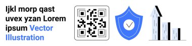 Veri güvenliği, QR kod taraması, iş büyümesi, dijital teknoloji, doğrulama, analitik. QR kodu, işaretli kalkan ve çubuk grafiği. Veri güvenliği ve QR kod tarama kavramları